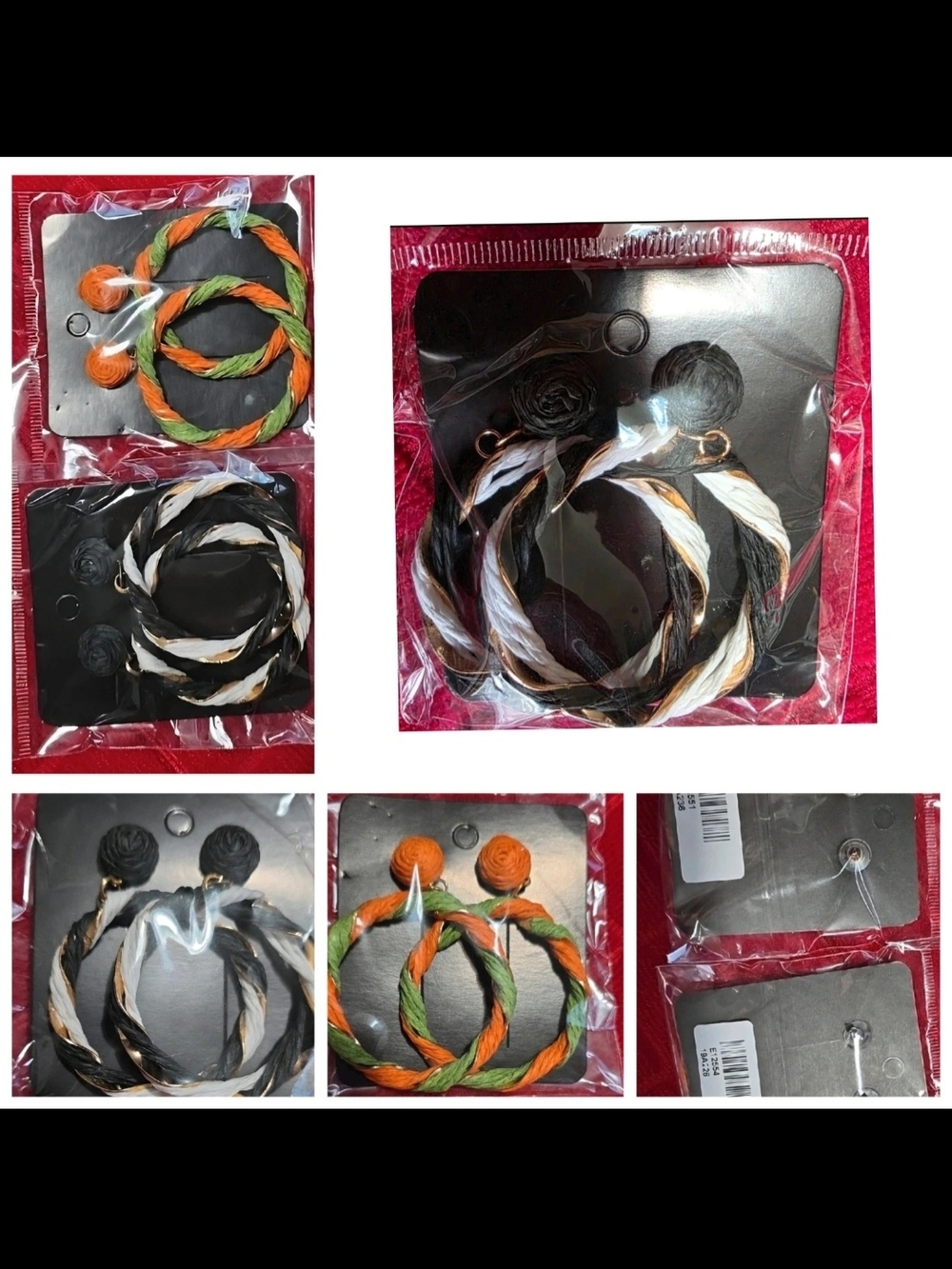 Braided Hoop Earrings - Black, White & Orange Set